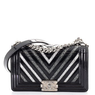 Chanel Boy Flap Bag Chevron Patent with Glitter PVC Old Medium