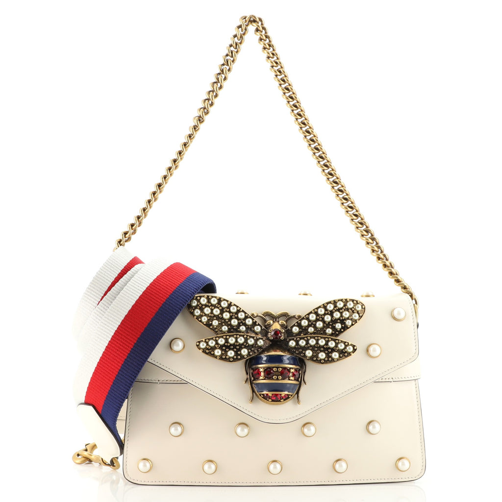 GUCCI Pearl Studded Mini Bee Broadway Leather Shoulder Bag White