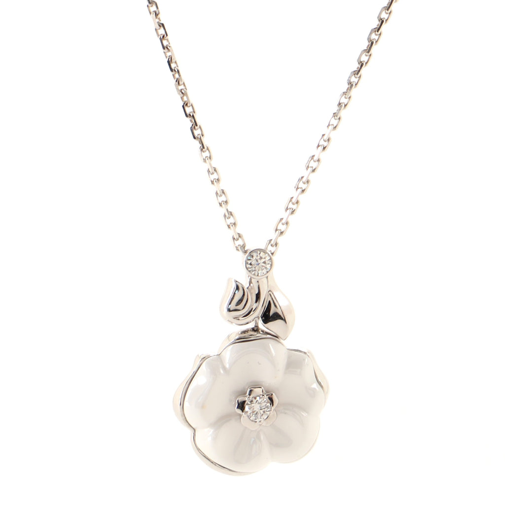 Chanel Camellia White Ceramic Diamond White Gold Necklace