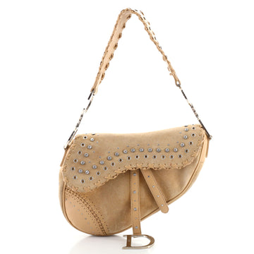 Christian Dior Vintage Saddle Bag Crystal Embellished Suede Medium
