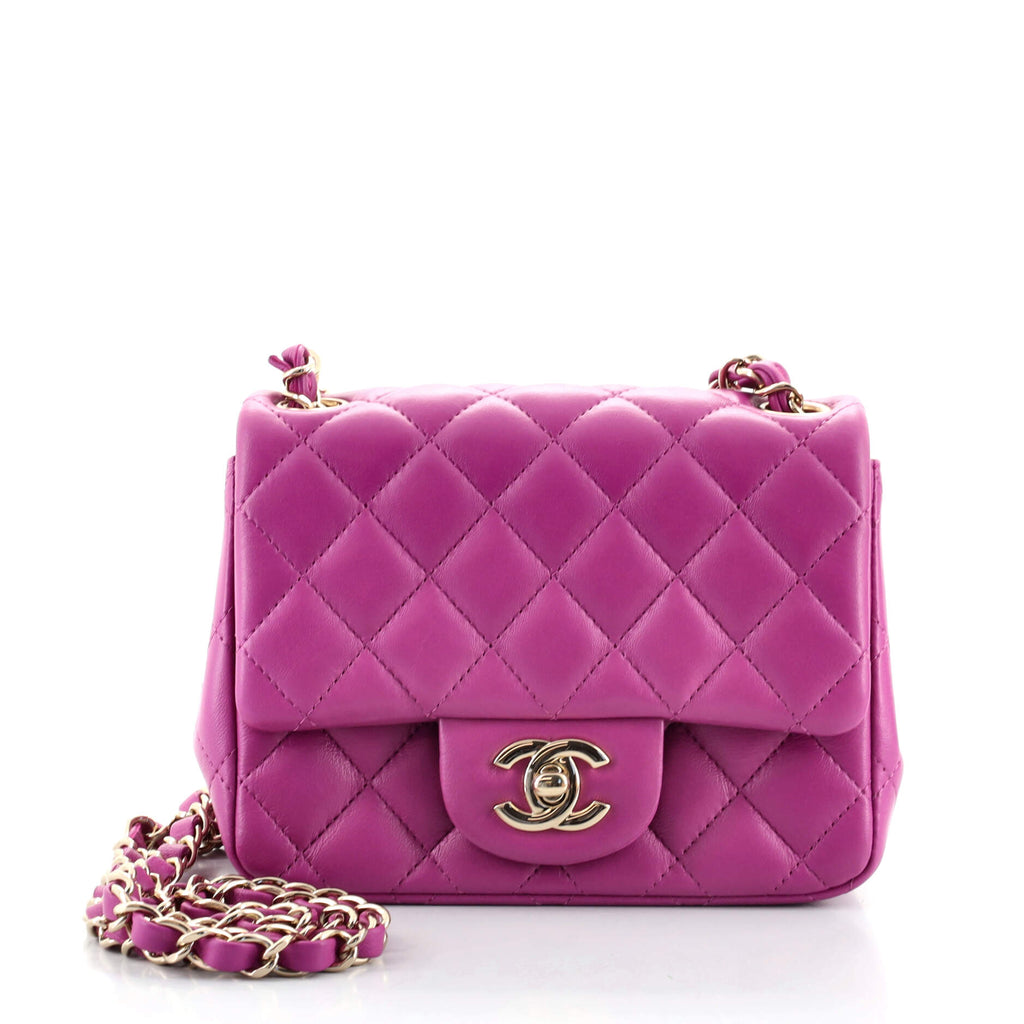 Chanel Square Classic Single Flap Bag Quilted Lambskin Mini Purple 1032542