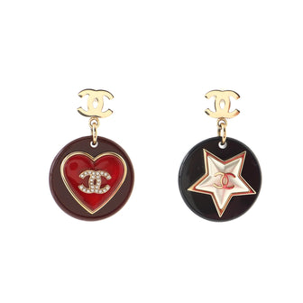 Chanel CC Round Heart and Star Dangle Earrings Metal with Resin and Faux Pearls