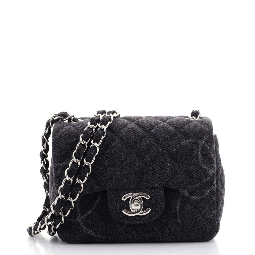 Chanel Square Classic Single Flap Bag Quilted CC Printed Denim Mini Black  1033091