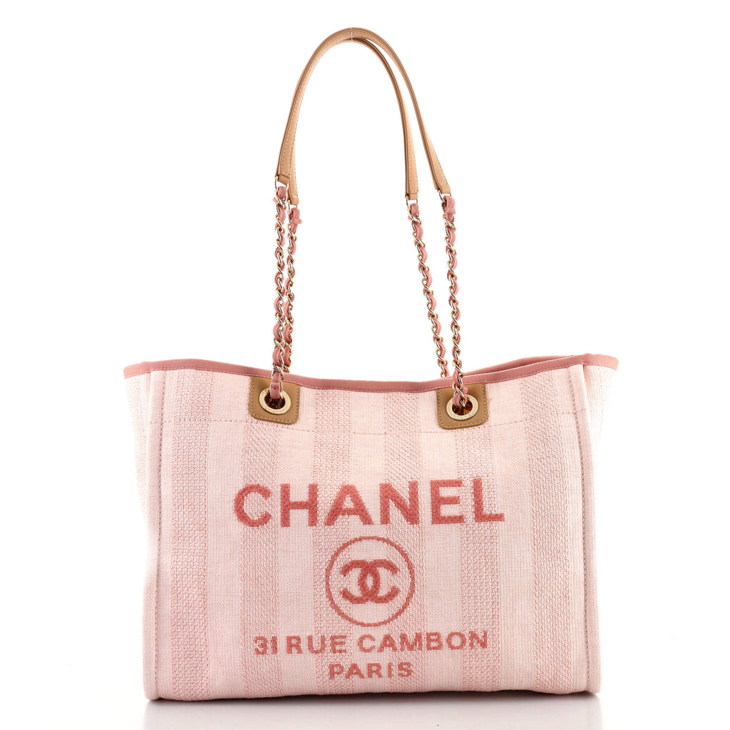 Chanel Deauville Tote Striped Raffia Small Pink 1033241