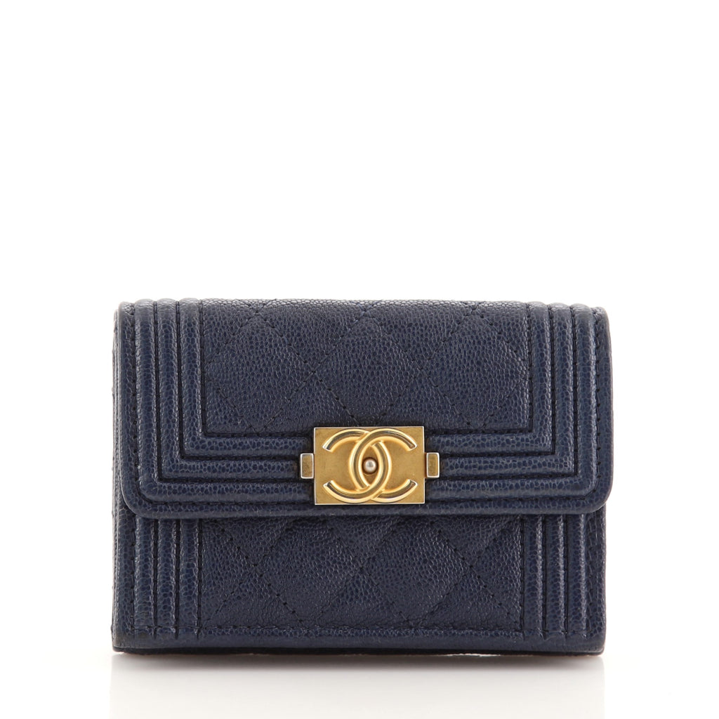 Chanel Boy Trifold Flap Wallet Quilted Caviar Small Blue 1034411