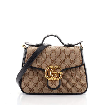 Gucci GG Marmont Top Handle Flap Bag Diagonal Quilted GG Canvas Mini