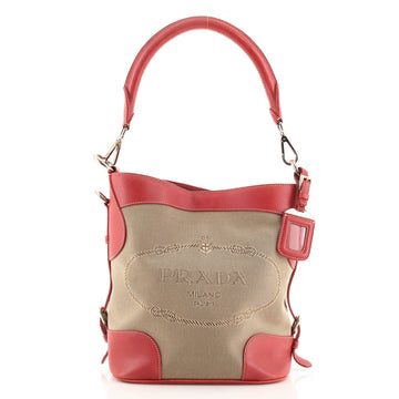 Prada Logo Convertible Bucket Bag Canvas with Leather Small