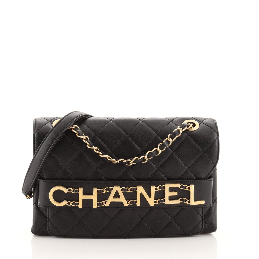Chanel Logo Enchained Flap Bag Quilted Calfskin Medium Black 1036982