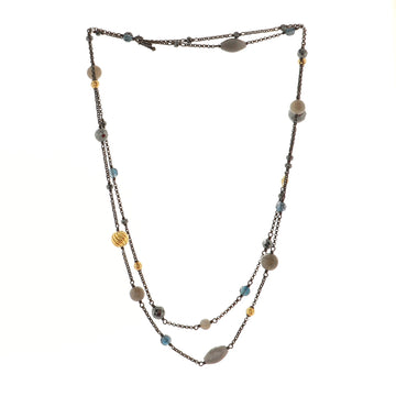 David Yurman Bijoux Station Chain Long Necklace Sterling Silver with 18K Yellow Gold, Hematite, Laboradorite, Topaz and Glass