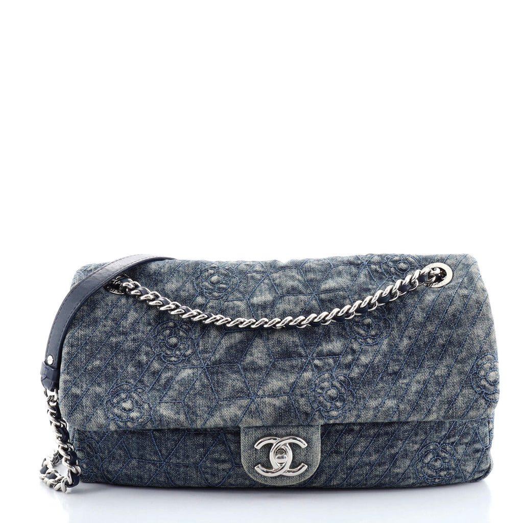 Chanel Chain Flap Bag Camellia Denim Large Blue 1565211