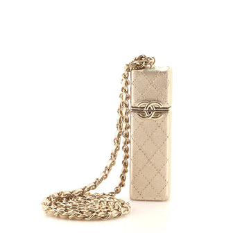 rare CHANEL 2021 gold diamond quilted lambskin CC chain lipstick case holder  at 1stDibs
