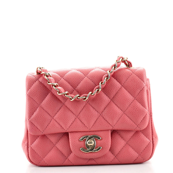 Chanel Square Classic Single Flap Bag Quilted Caviar Mini Pink