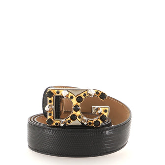 Dolce & Gabbana DG Logo Belt Lizard Embossed Leather with Embellished Buckle Wide