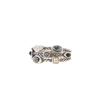 David Yurman Three Row Confetti Cable Ring Sterling Silver with Onyx, Hematine and Diamonds