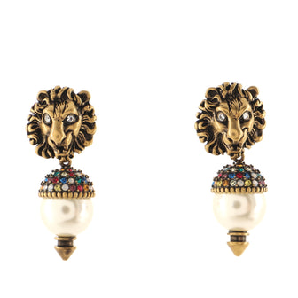 Gucci Feline Drop Earrings Metal with Crystals and Faux Pearls