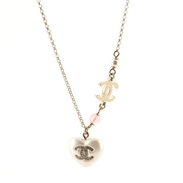 Chanel CC Heart Pendant Long Necklace Metal with Crystals, Faux Pearls and Bead