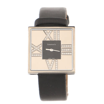 Tiffany & Co. Atlas Cocktail Square Quartz Watch White Gold and Satin Leather with Diamond Markers 27