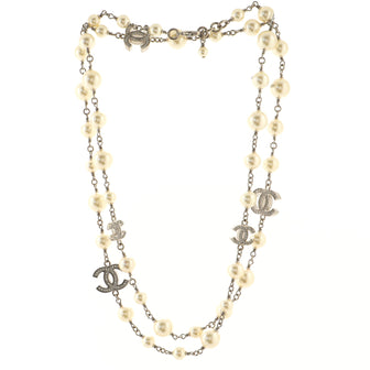 Chanel CC Long Necklace Faux Pearls and Crystal Embellished Metal
