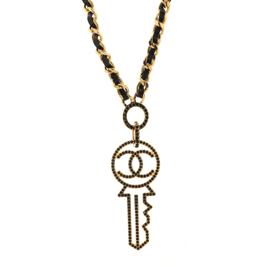 Chanel Key Pendant Necklace Metal with Leather and Crystals Black 1050763