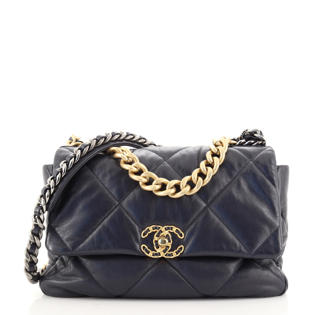 CHANEL Goatskin Quilted Large Chanel 19 Pouch Navy 1286572