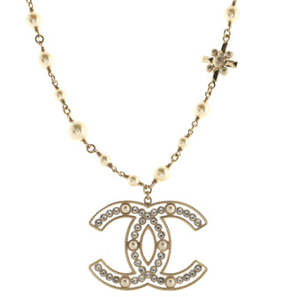 Chanel CC Baguette Cross Pendant Necklace Metal with Crystals and Faux Pearls