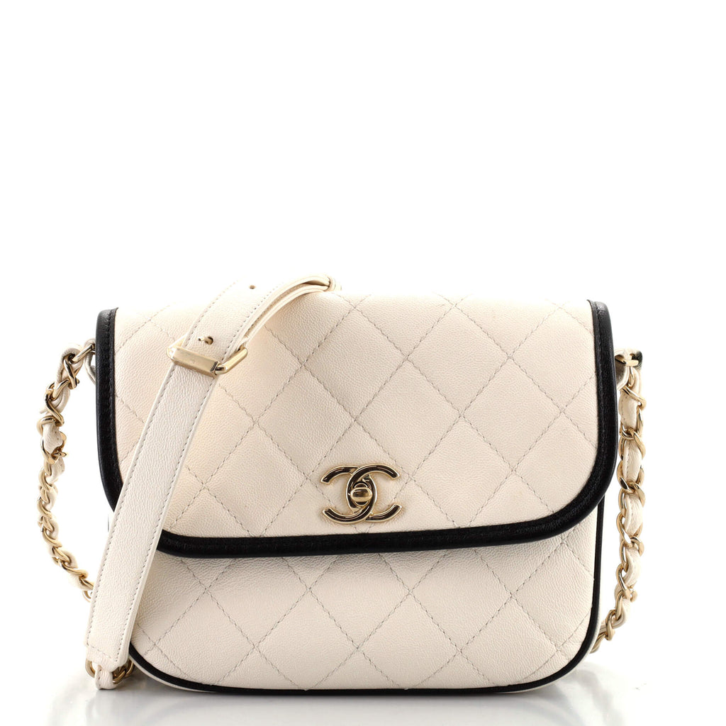 Chanel CC Round Flap Messenger Bag Quilted Caviar Small Neutral 1062551