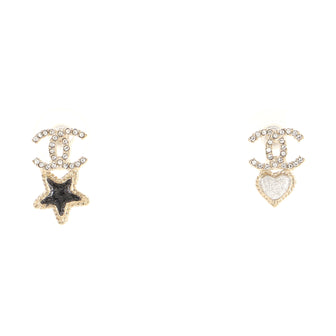 Chanel CC Heart and Star Drop Earrings Metal with Rhinestones and Glitter Resin