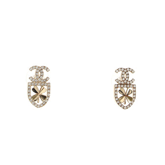 Chanel CC Clover Shield Stud Earrings Metal with Crystals
