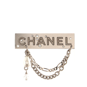 Chanel Logo Plate Charms Brooch Metal with Crystals and Faux Pearl