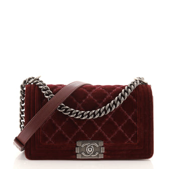 Chanel Boy Flap Bag Stitched Quilted Velvet Old Medium