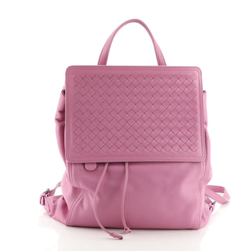 Bottega Veneta Drawstring Flap Front Zip Backpack Leather with Intrecciato