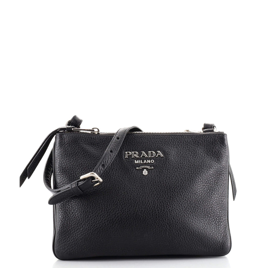 Prada Double Zip Crossbody Bag Vitello Phenix Small Black 10694484