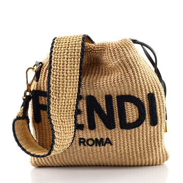 Fendi Logo Drawstring Bag Raffia with Leather