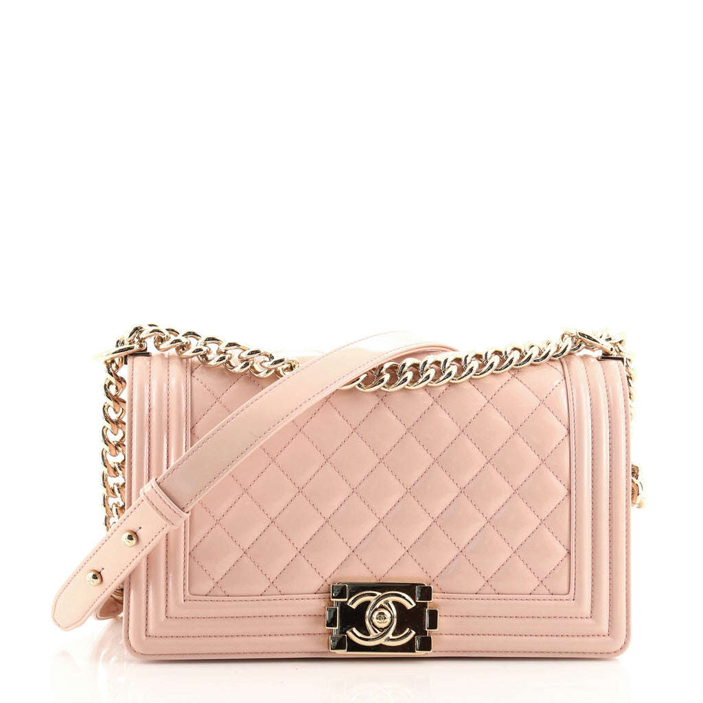 Chanel Boy Flap Bag Quilted Patent Old Medium Pink 1072201