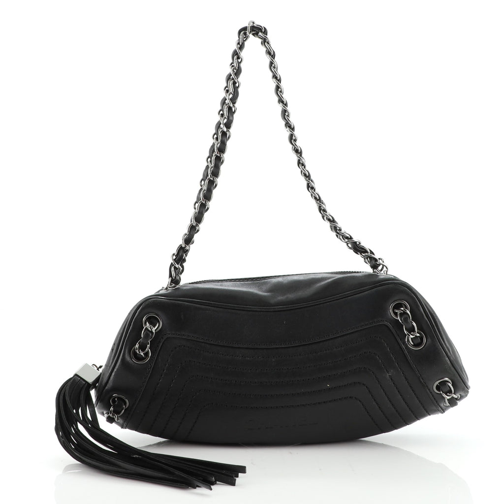 Chanel Lax Tassel Chain Shoulder Bag Leather Small Black 1072222