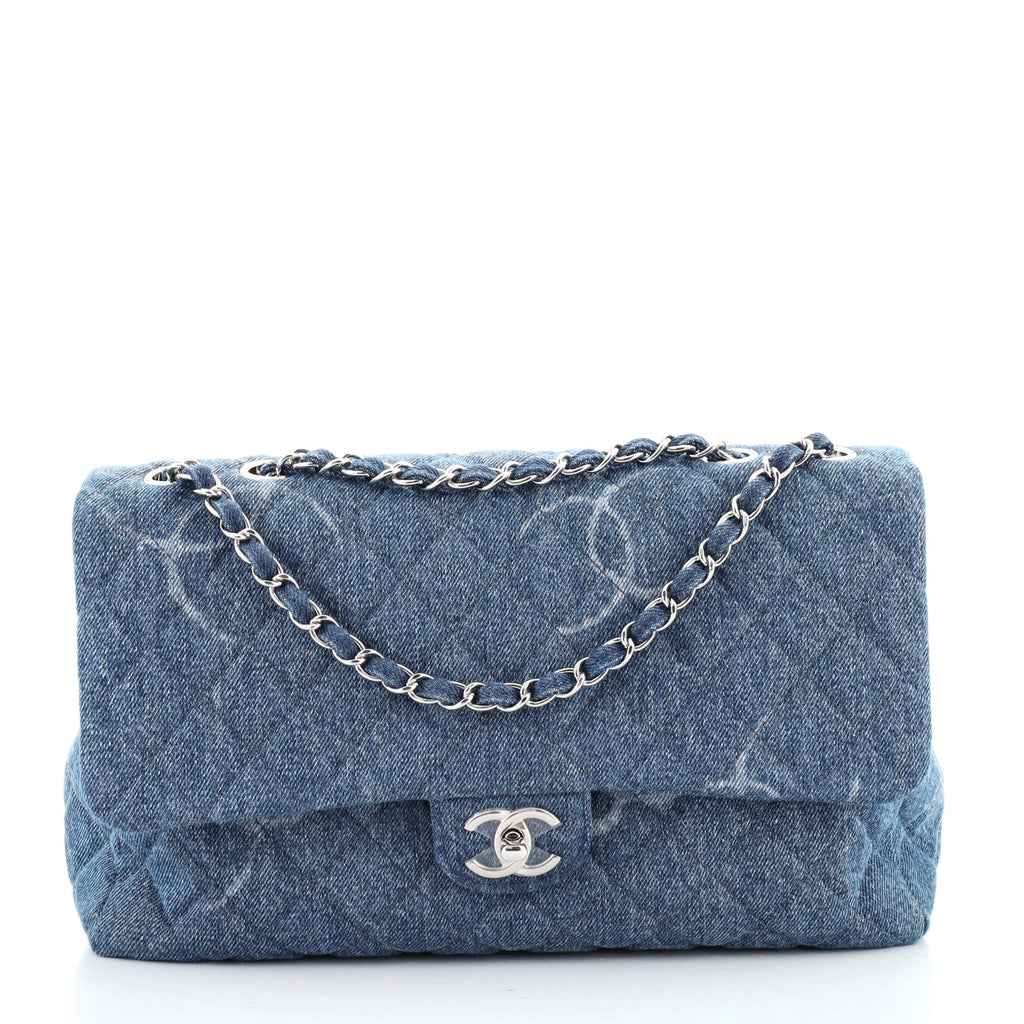Chanel Classic Single Flap Bag Quilted CC Printed Denim Jumbo Blue