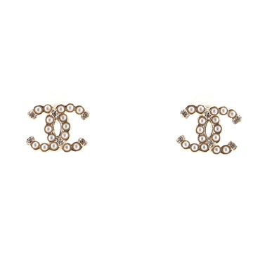 Chanel CC Logo Stud Earrings Faux Pearls and Metal with Crystal