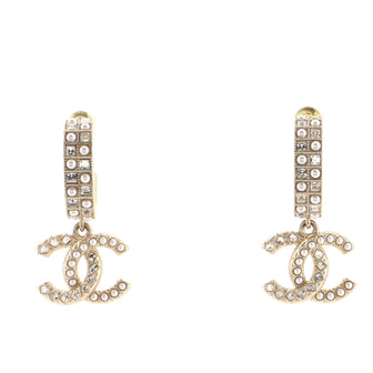 Chanel CC Hoop Dangle Earrings Metal with Crystals and Faux Pearls