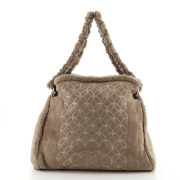 Chanel Vintage Embroidered CC Chain Tote Quilted Suede and Shearling