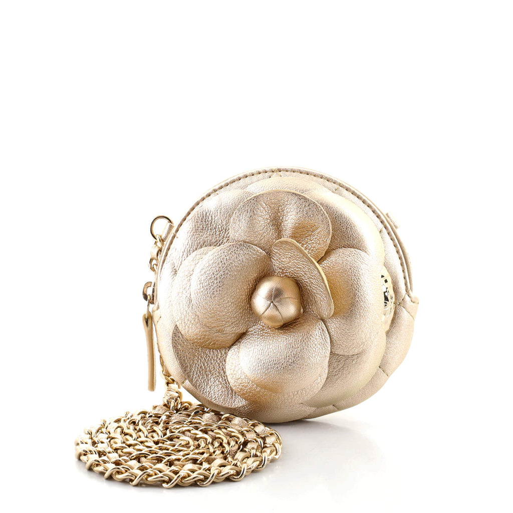 CHANEL Gold Quilted Lambskin Camellia Bouquet Round Clutch with Chain