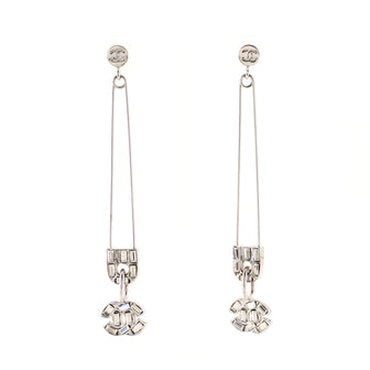 Chanel CC Baguette Safety Pin Drop Earrings Metal and Crystals