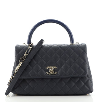 Chanel Coco Top Handle Bag Quilted Caviar with Lizard Embossed Handle Small