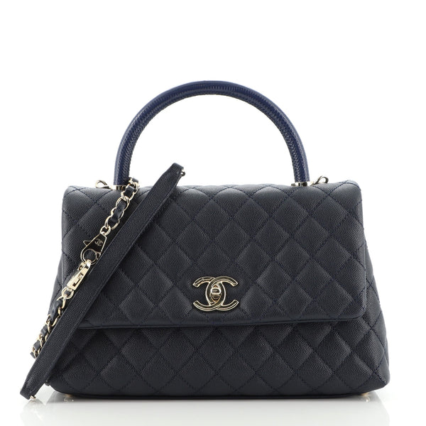 Chanel Coco Top Handle Bag Quilted Caviar with Lizard Embossed Handle Small  Blue 10745715
