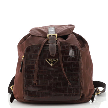 Prada Cinch Buckle Flap Backpack Tessuto with Crocodile Embossed Leather Medium