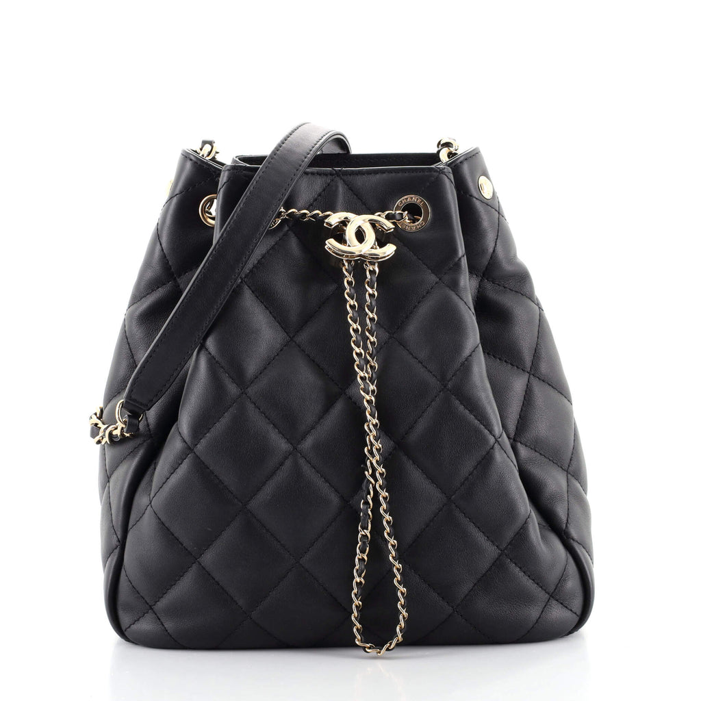 Chanel CC Chain Drawstring Bucket Bag Quilted Lambskin Small Black 1080755