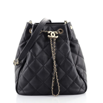 CC Chain Drawstring Bucket Bag Quilted Lambskin Small