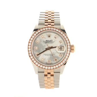 Rolex Oyster Perpetual Datejust Automatic Watch Stainless Steel and Rose Gold with Diamond Bezel and Markers and Mother of Pearl 28