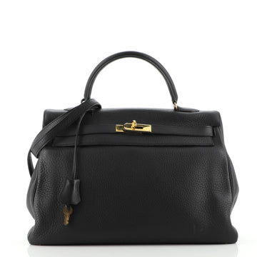 Hermes Kelly Handbag Black Clemence with Gold Hardware 35