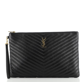 Saint Laurent Classic Monogram Wristlet Pouch Matelasse Chevron Leather Large