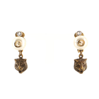 Gucci Feline Drop Clip-On Earrings Metal with Crystals and Faux Pearls